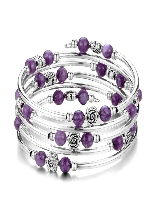 BULINLIN Wrap Bangle Rose Bead Bracelet - Beaded Bracelet with Natural Agate Stone Gifts For Women(01-Purple stone) - Image 1